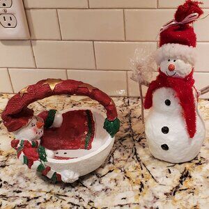 Vintage Christmas Snowman Decorative Candy Basket Centerpiece Resin + Snowman  m